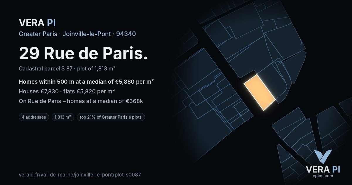 29 Rue de Paris, Joinville-le-Pont at night – the plot lit, the parcels around coloured by the prices near them