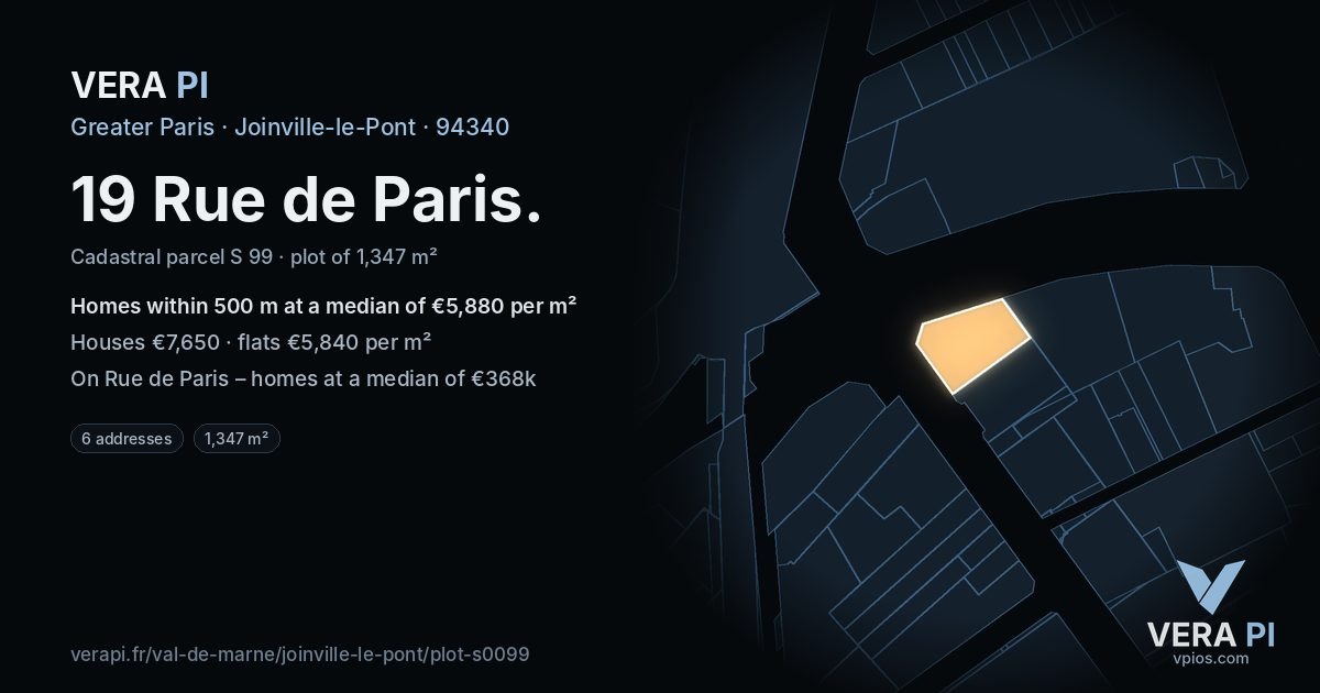 19 Rue de Paris, Joinville-le-Pont at night – the plot lit, the parcels around coloured by the prices near them