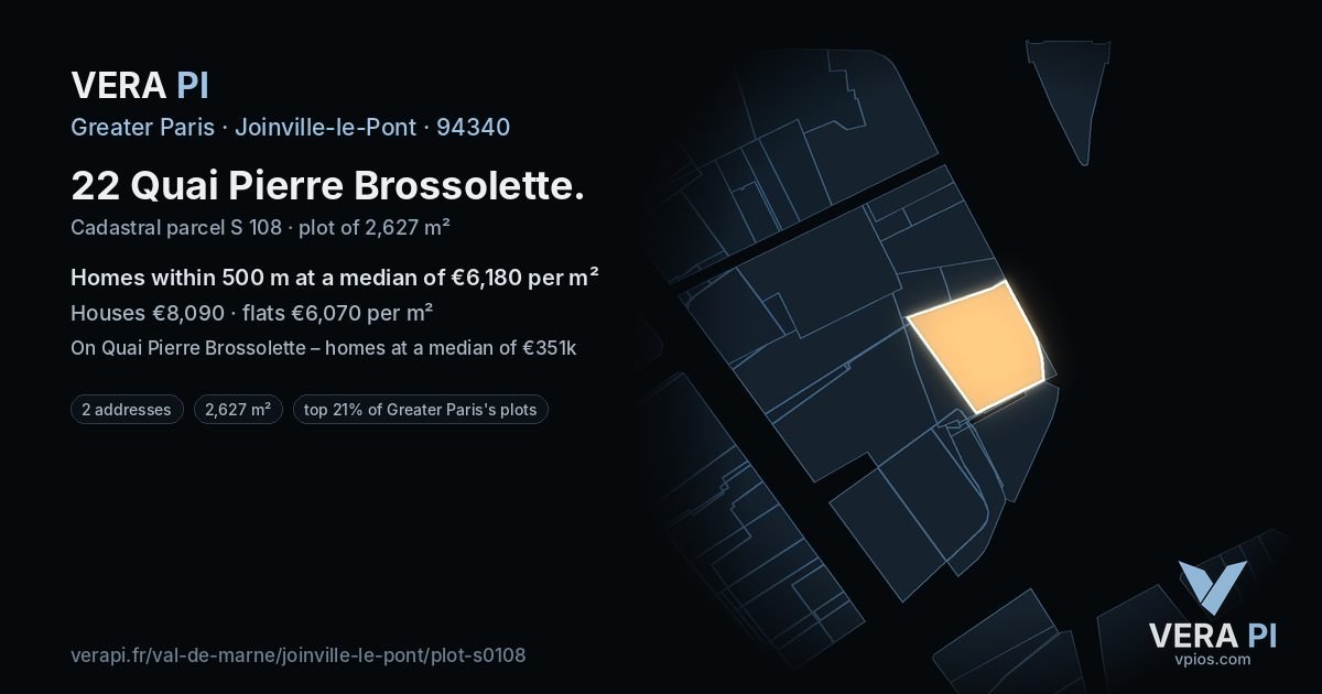 22 Quai Pierre Brossolette, Joinville-le-Pont at night – the plot lit, the parcels around coloured by the prices near them