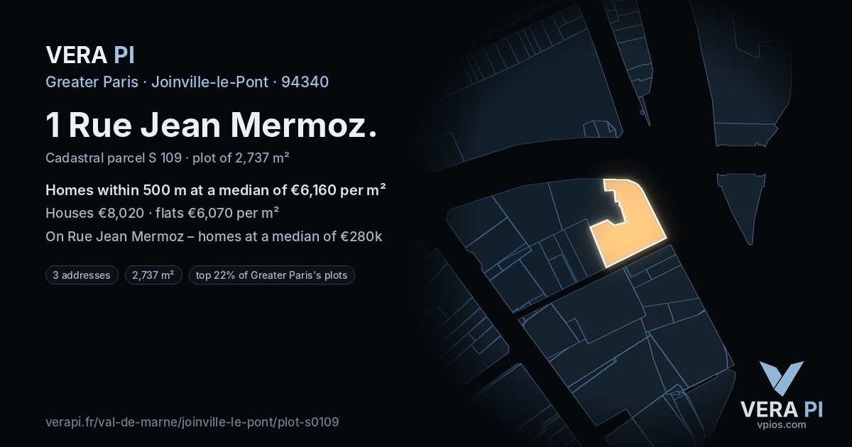 1 Rue Jean Mermoz, Joinville-le-Pont at night – the plot lit, the parcels around coloured by the prices near them