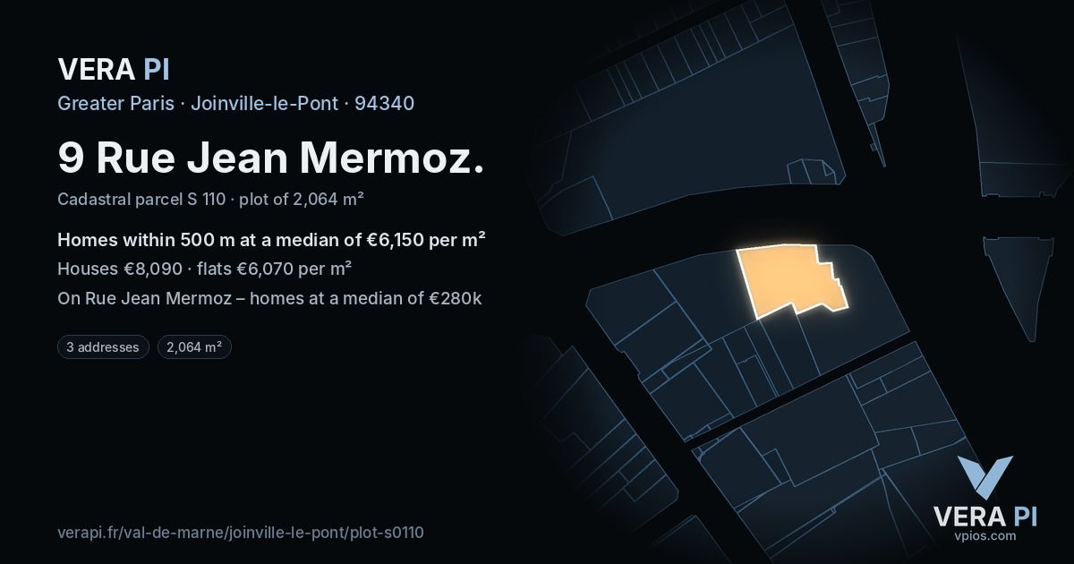 9 Rue Jean Mermoz, Joinville-le-Pont at night – the plot lit, the parcels around coloured by the prices near them