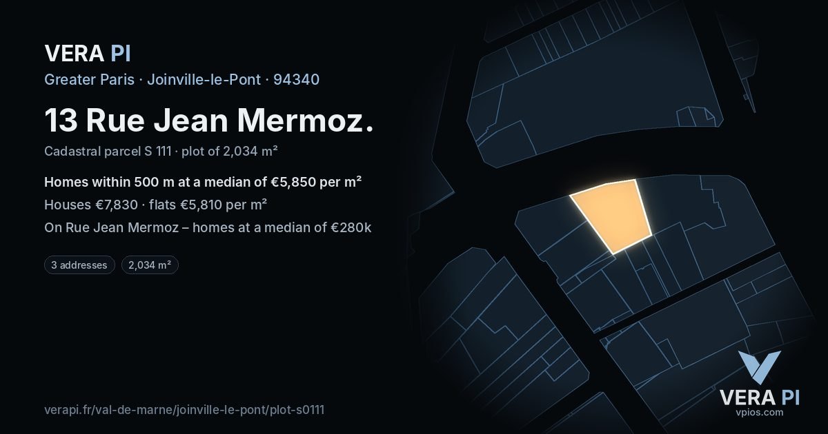 13 Rue Jean Mermoz, Joinville-le-Pont at night – the plot lit, the parcels around coloured by the prices near them