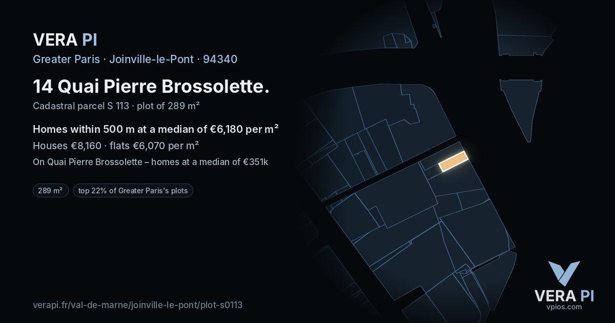 14 Quai Pierre Brossolette, Joinville-le-Pont at night – the plot lit, the parcels around coloured by the prices near them