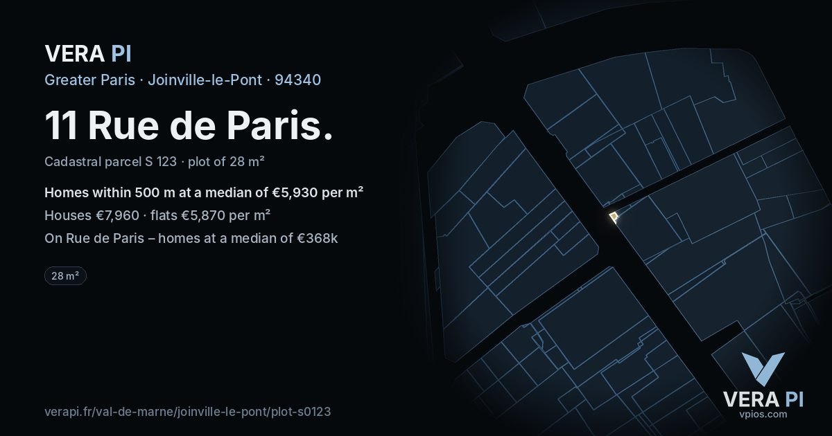 11 Rue de Paris, Joinville-le-Pont at night – the plot lit, the parcels around coloured by the prices near them