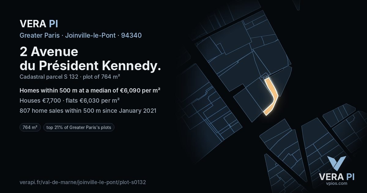 2 Avenue du Président Kennedy, Joinville-le-Pont at night – the plot lit, the parcels around coloured by the prices near them