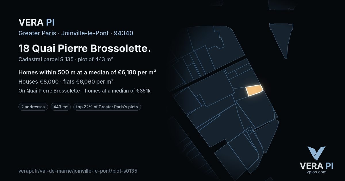 18 Quai Pierre Brossolette, Joinville-le-Pont at night – the plot lit, the parcels around coloured by the prices near them