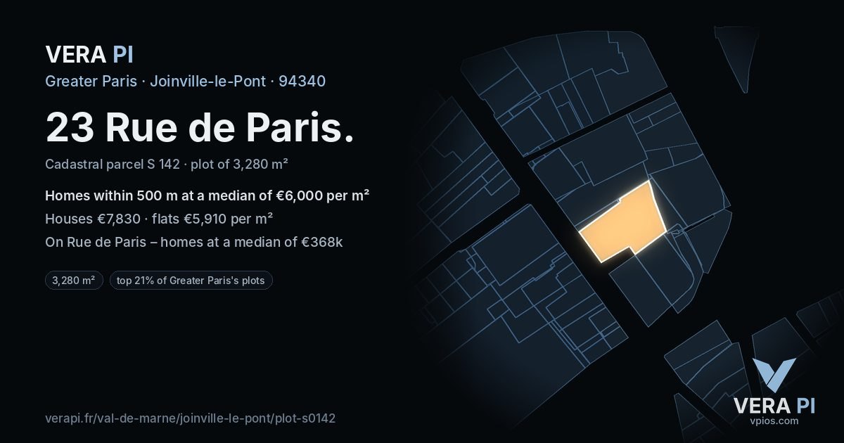 23 Rue de Paris, Joinville-le-Pont at night – the plot lit, the parcels around coloured by the prices near them