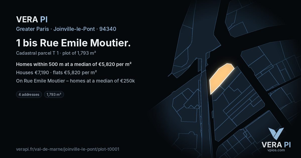 1 bis Rue Emile Moutier, Joinville-le-Pont at night – the plot lit, the parcels around coloured by the prices near them