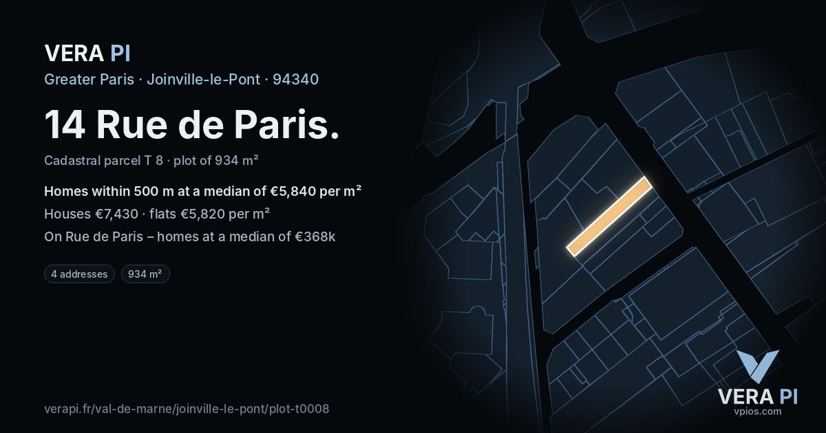 14 Rue de Paris, Joinville-le-Pont at night – the plot lit, the parcels around coloured by the prices near them