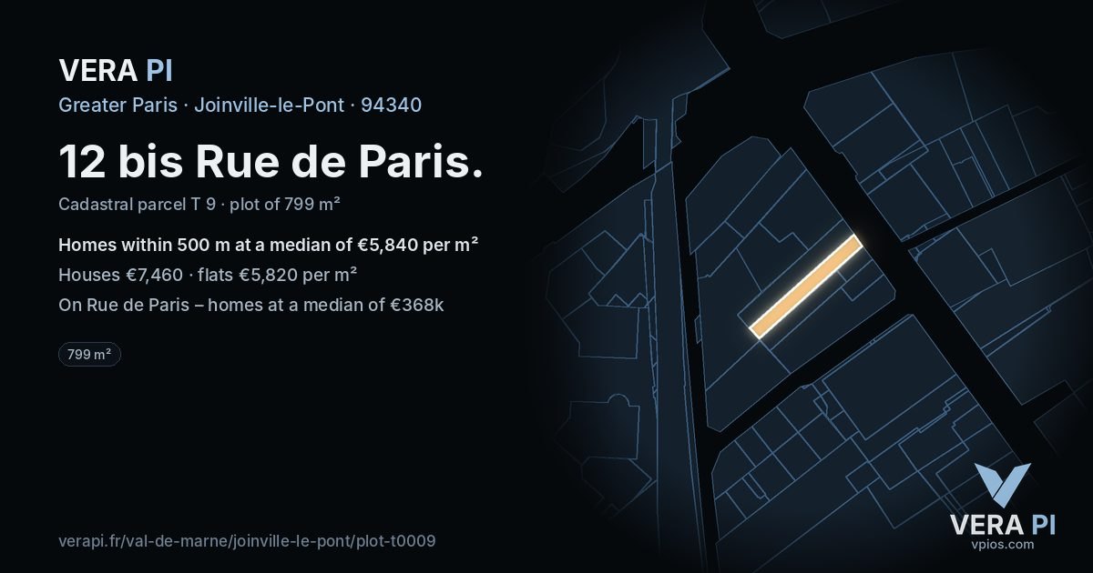 12 bis Rue de Paris, Joinville-le-Pont at night – the plot lit, the parcels around coloured by the prices near them