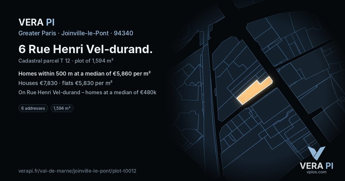 6 Rue Henri Vel-durand, Joinville-le-Pont at night – the plot lit, the parcels around coloured by the prices near them
