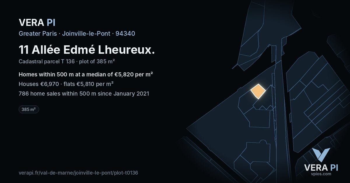 11 Allée Edmé Lheureux, Joinville-le-Pont at night – the plot lit, the parcels around coloured by the prices near them