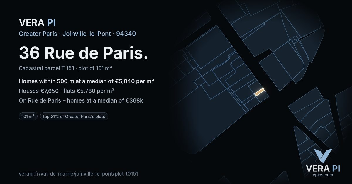 36 Rue de Paris, Joinville-le-Pont at night – the plot lit, the parcels around coloured by the prices near them