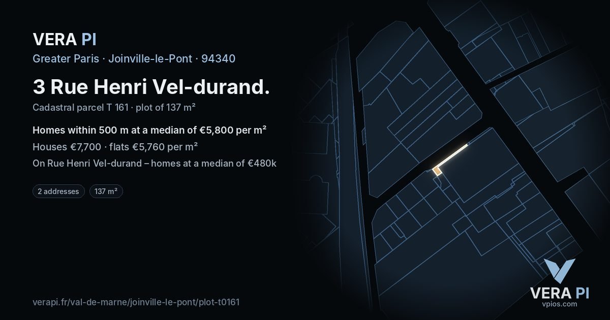 3 Rue Henri Vel-durand, Joinville-le-Pont at night – the plot lit, the parcels around coloured by the prices near them