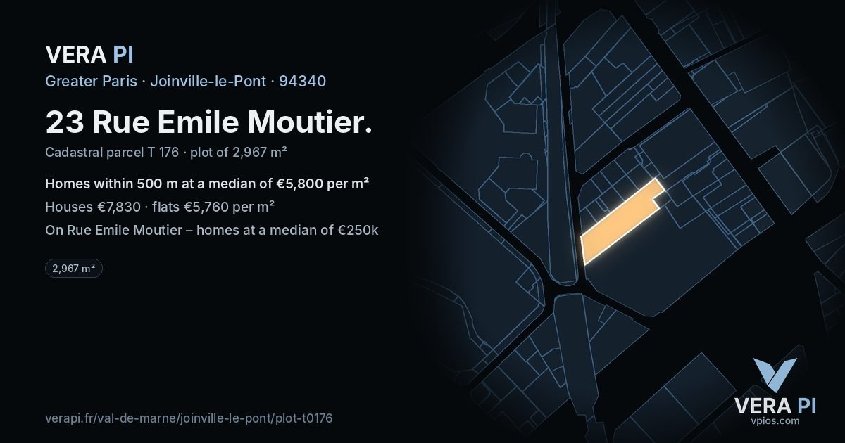 23 Rue Emile Moutier, Joinville-le-Pont at night – the plot lit, the parcels around coloured by the prices near them