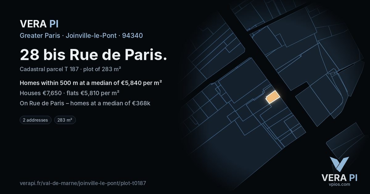 28 bis Rue de Paris, Joinville-le-Pont at night – the plot lit, the parcels around coloured by the prices near them