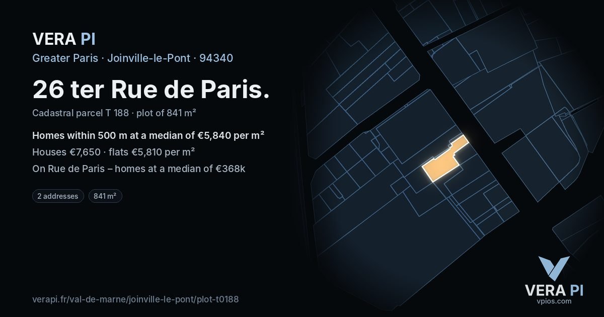 26 ter Rue de Paris, Joinville-le-Pont at night – the plot lit, the parcels around coloured by the prices near them