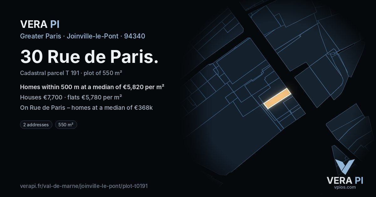30 Rue de Paris, Joinville-le-Pont at night – the plot lit, the parcels around coloured by the prices near them