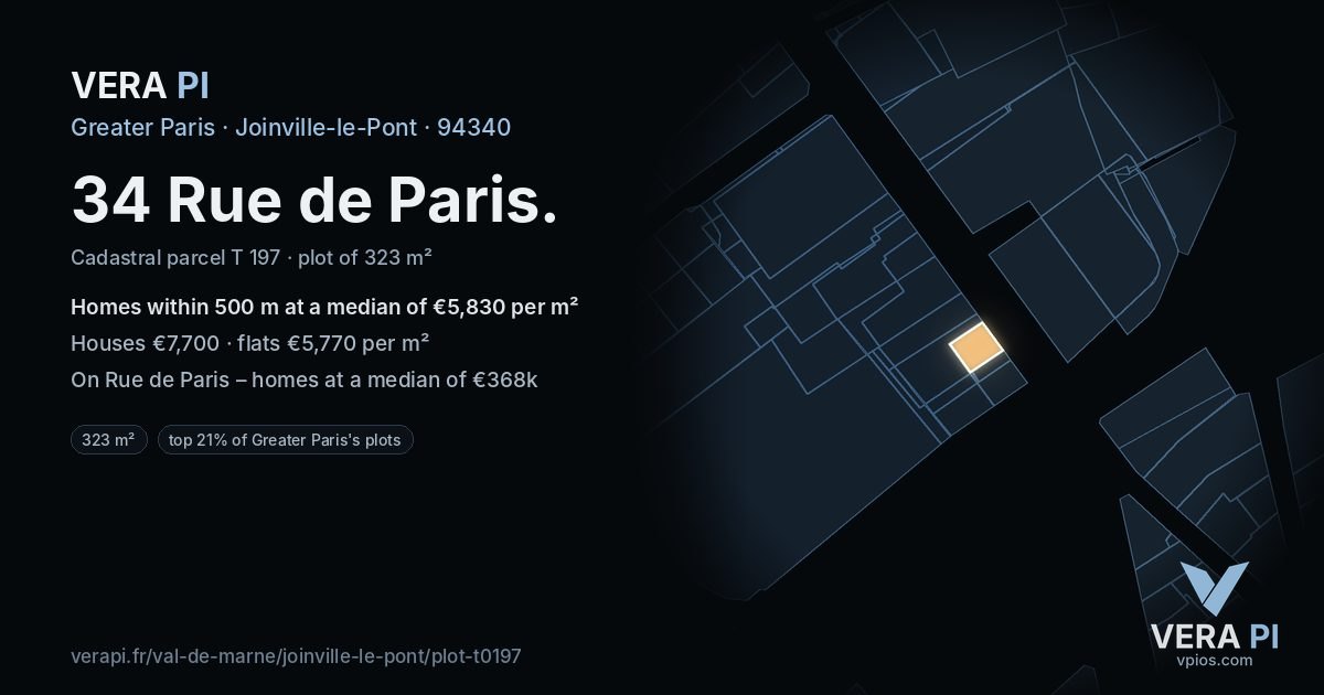 34 Rue de Paris, Joinville-le-Pont at night – the plot lit, the parcels around coloured by the prices near them