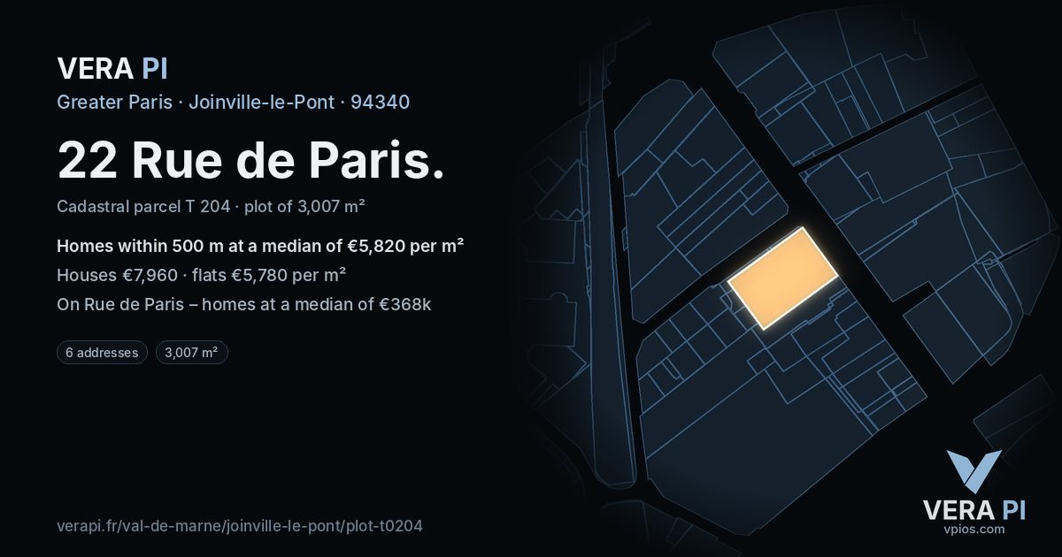 22 Rue de Paris, Joinville-le-Pont at night – the plot lit, the parcels around coloured by the prices near them