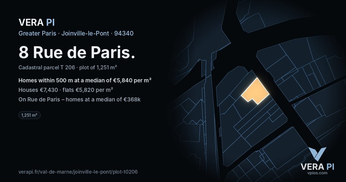 8 Rue de Paris, Joinville-le-Pont at night – the plot lit, the parcels around coloured by the prices near them