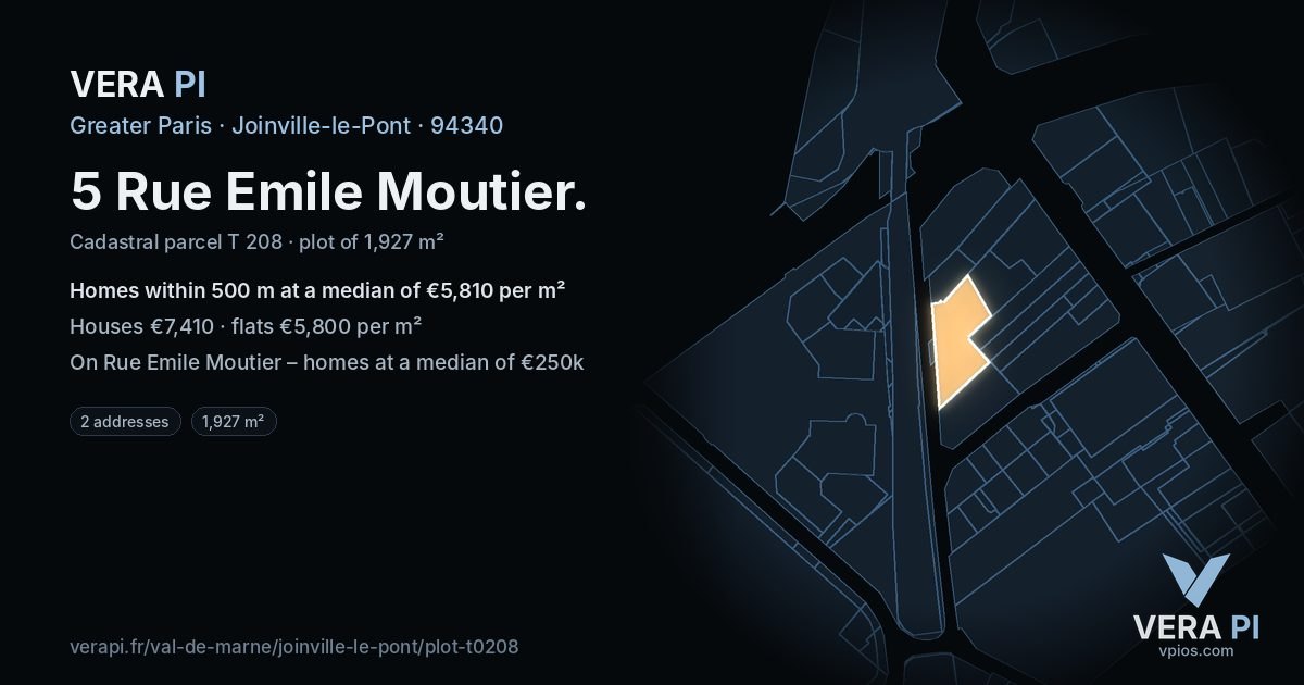 5 Rue Emile Moutier, Joinville-le-Pont at night – the plot lit, the parcels around coloured by the prices near them