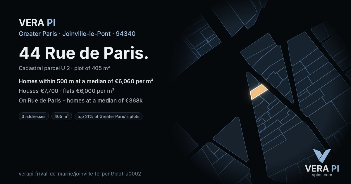 44 Rue de Paris, Joinville-le-Pont at night – the plot lit, the parcels around coloured by the prices near them