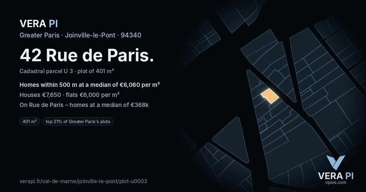 42 Rue de Paris, Joinville-le-Pont at night – the plot lit, the parcels around coloured by the prices near them