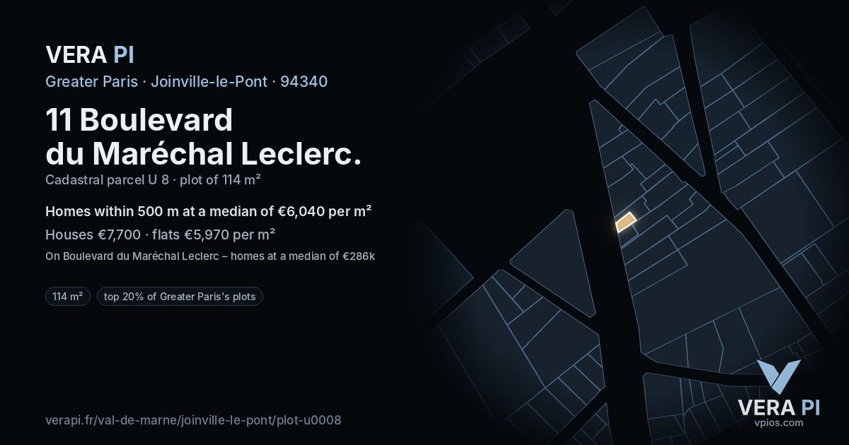 11 Boulevard du Maréchal Leclerc, Joinville-le-Pont at night – the plot lit, the parcels around coloured by the prices near them