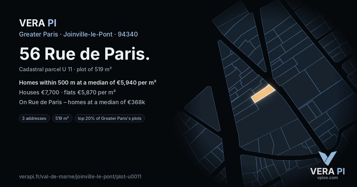 56 Rue de Paris, Joinville-le-Pont at night – the plot lit, the parcels around coloured by the prices near them