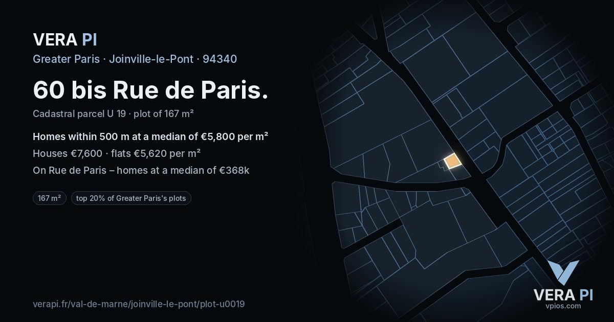 60 bis Rue de Paris, Joinville-le-Pont at night – the plot lit, the parcels around coloured by the prices near them
