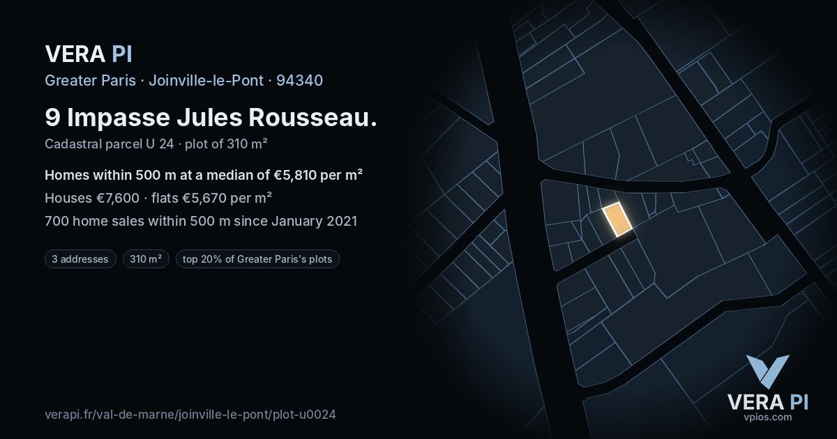 9 Impasse Jules Rousseau, Joinville-le-Pont at night – the plot lit, the parcels around coloured by the prices near them