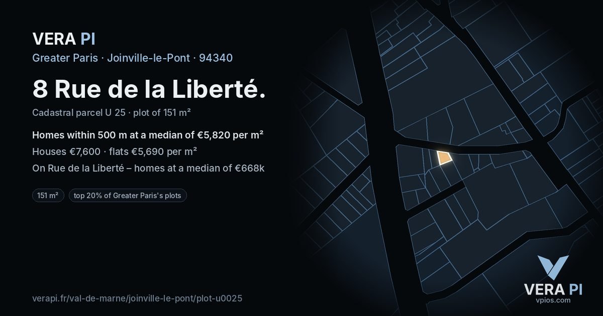 8 Rue de la Liberté, Joinville-le-Pont at night – the plot lit, the parcels around coloured by the prices near them