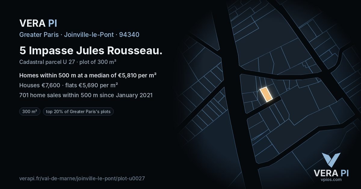 5 Impasse Jules Rousseau, Joinville-le-Pont at night – the plot lit, the parcels around coloured by the prices near them