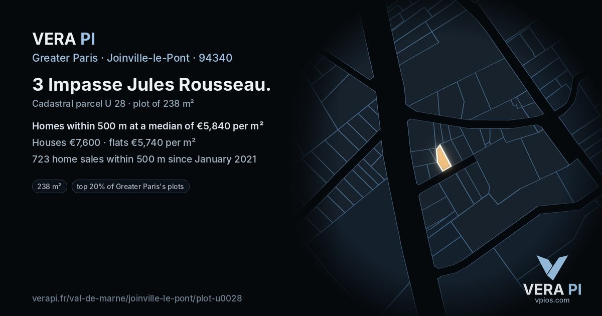 3 Impasse Jules Rousseau, Joinville-le-Pont at night – the plot lit, the parcels around coloured by the prices near them