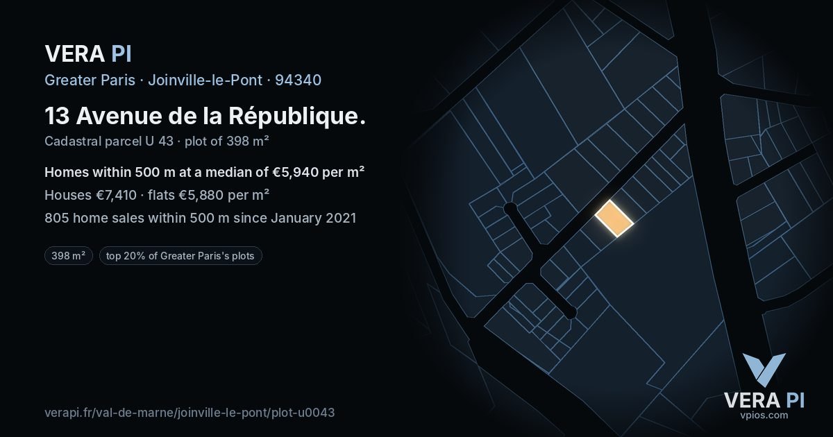13 Avenue de la République, Joinville-le-Pont at night – the plot lit, the parcels around coloured by the prices near them