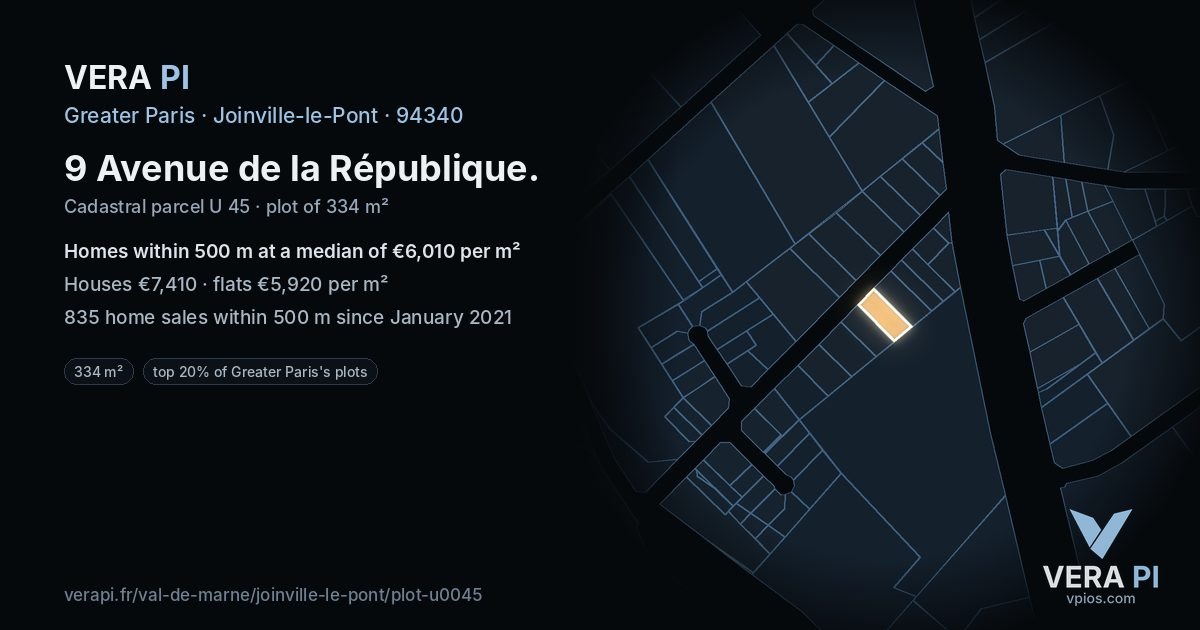 9 Avenue de la République, Joinville-le-Pont at night – the plot lit, the parcels around coloured by the prices near them