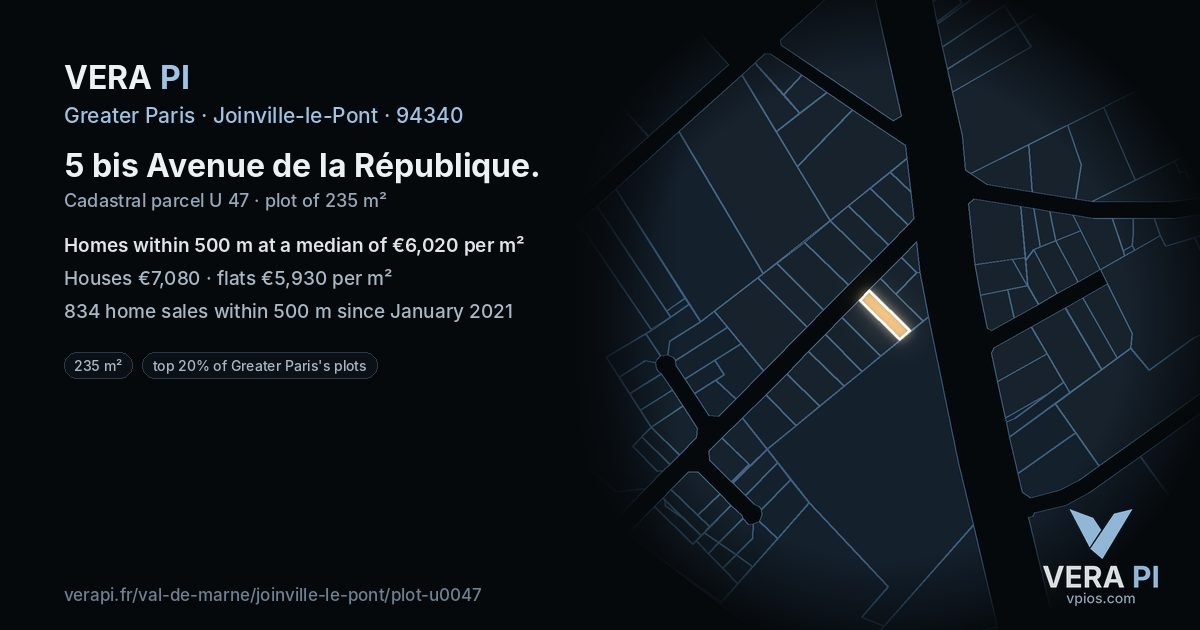 5 bis Avenue de la République, Joinville-le-Pont at night – the plot lit, the parcels around coloured by the prices near them
