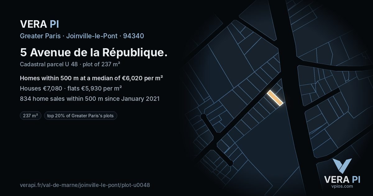5 Avenue de la République, Joinville-le-Pont at night – the plot lit, the parcels around coloured by the prices near them