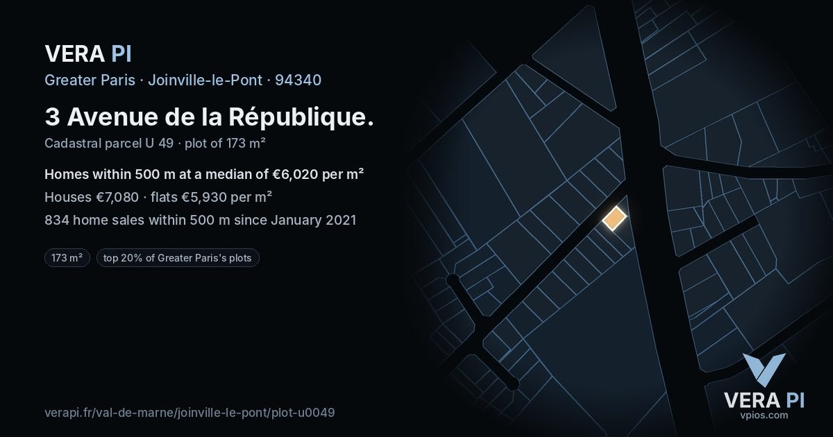 3 Avenue de la République, Joinville-le-Pont at night – the plot lit, the parcels around coloured by the prices near them
