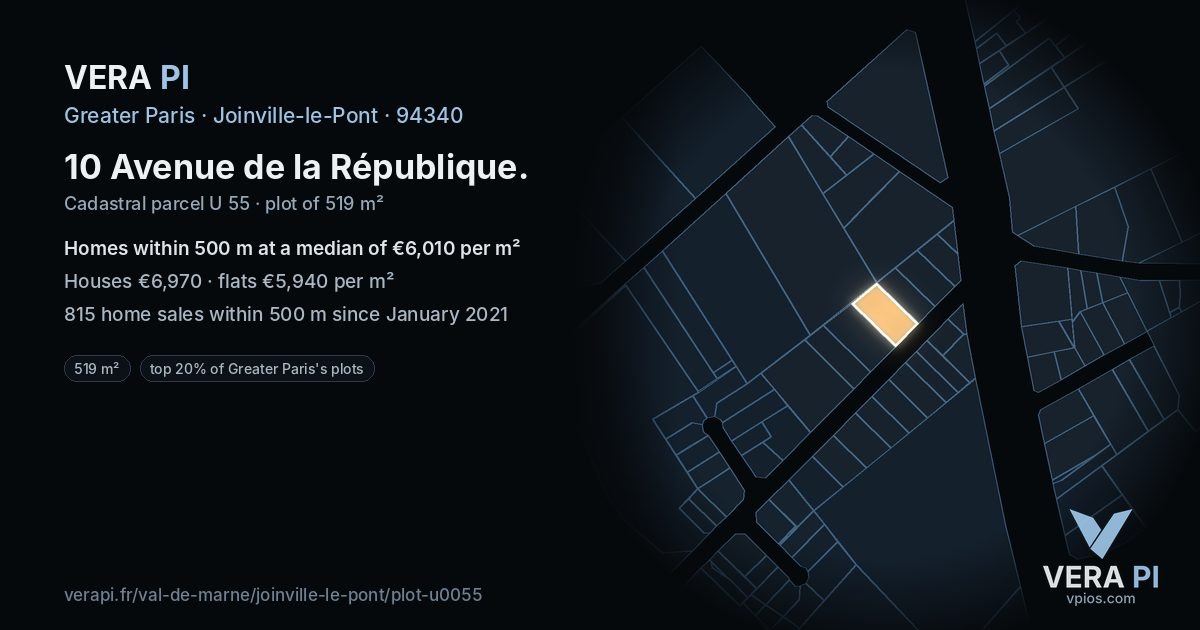 10 Avenue de la République, Joinville-le-Pont at night – the plot lit, the parcels around coloured by the prices near them