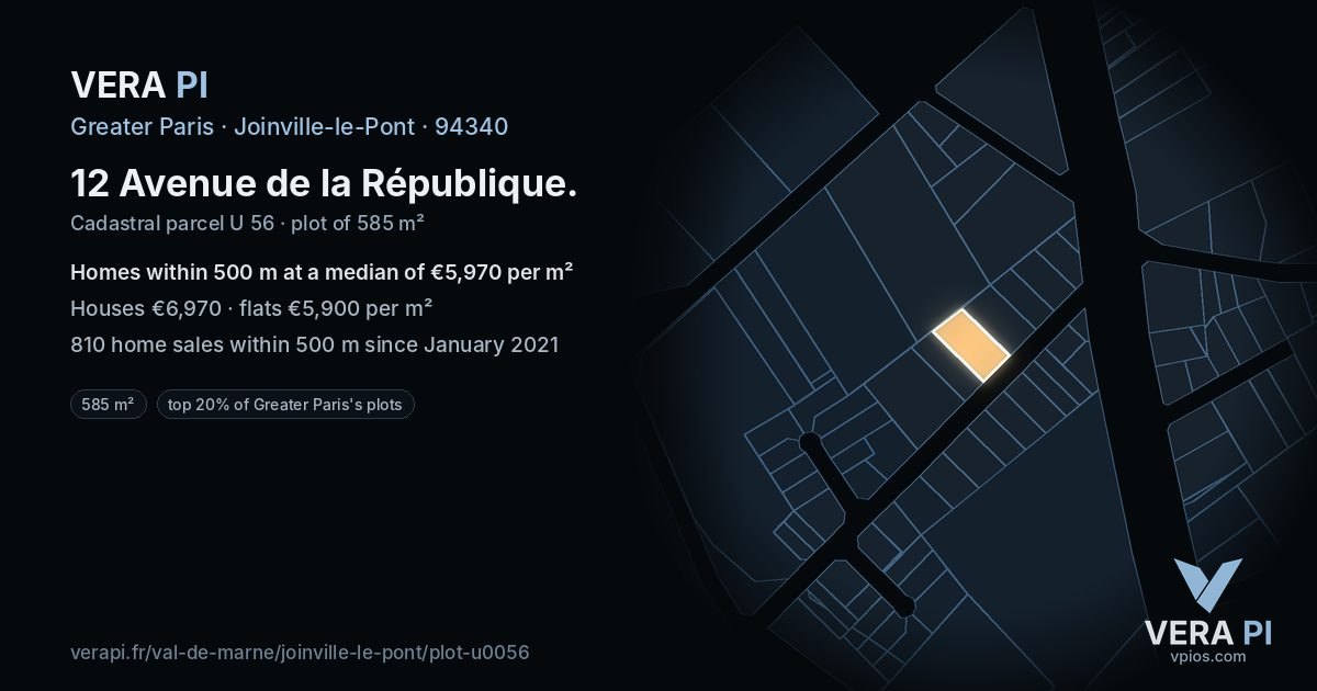 12 Avenue de la République, Joinville-le-Pont at night – the plot lit, the parcels around coloured by the prices near them