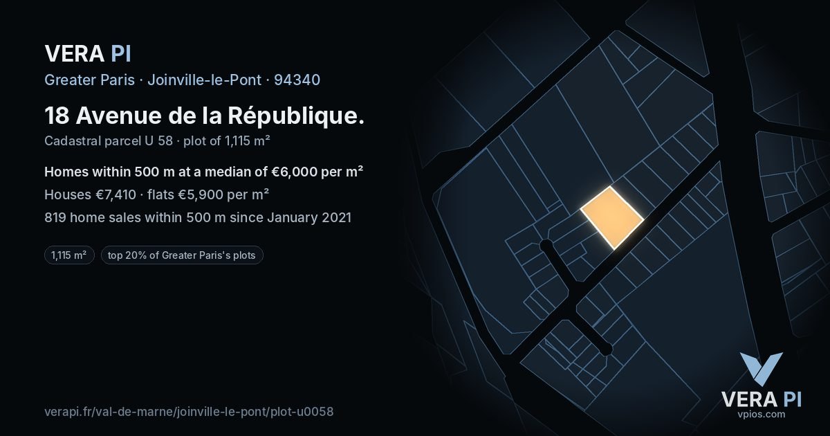 18 Avenue de la République, Joinville-le-Pont at night – the plot lit, the parcels around coloured by the prices near them