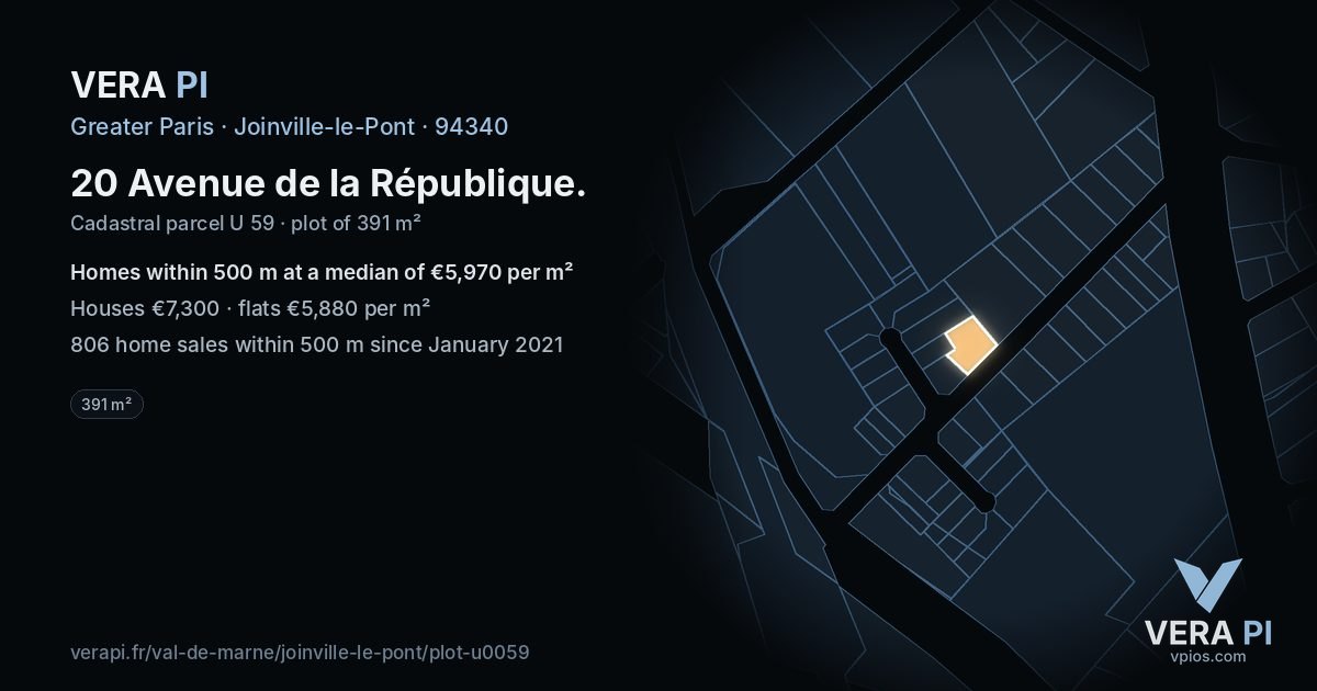 20 Avenue de la République, Joinville-le-Pont at night – the plot lit, the parcels around coloured by the prices near them