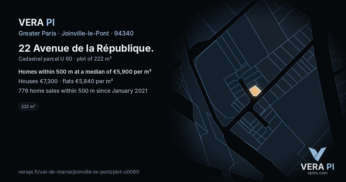 22 Avenue de la République, Joinville-le-Pont at night – the plot lit, the parcels around coloured by the prices near them