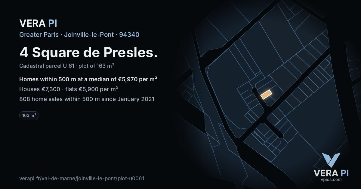 4 Square de Presles, Joinville-le-Pont at night – the plot lit, the parcels around coloured by the prices near them