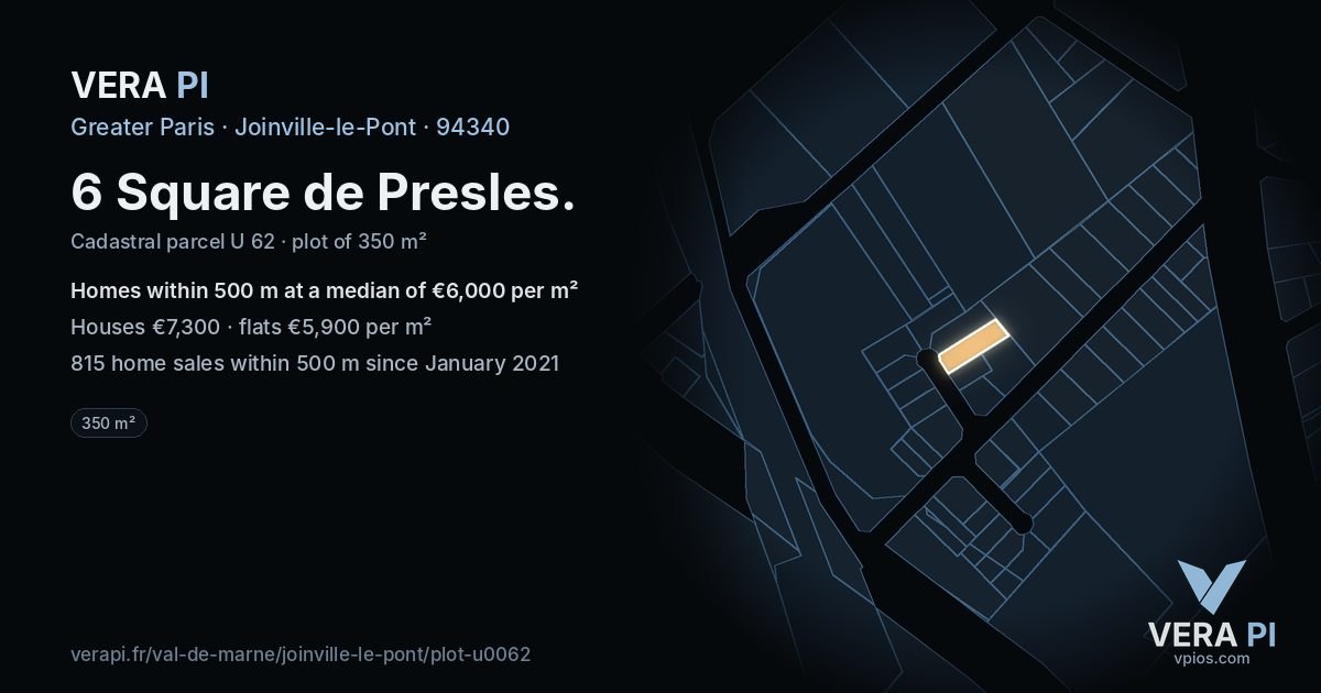 6 Square de Presles, Joinville-le-Pont at night – the plot lit, the parcels around coloured by the prices near them