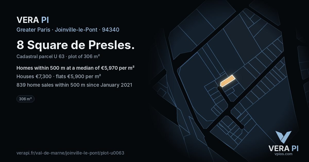 8 Square de Presles, Joinville-le-Pont at night – the plot lit, the parcels around coloured by the prices near them