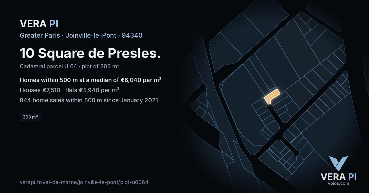 10 Square de Presles, Joinville-le-Pont at night – the plot lit, the parcels around coloured by the prices near them