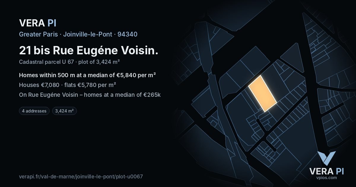 21 bis Rue Eugéne Voisin, Joinville-le-Pont at night – the plot lit, the parcels around coloured by the prices near them
